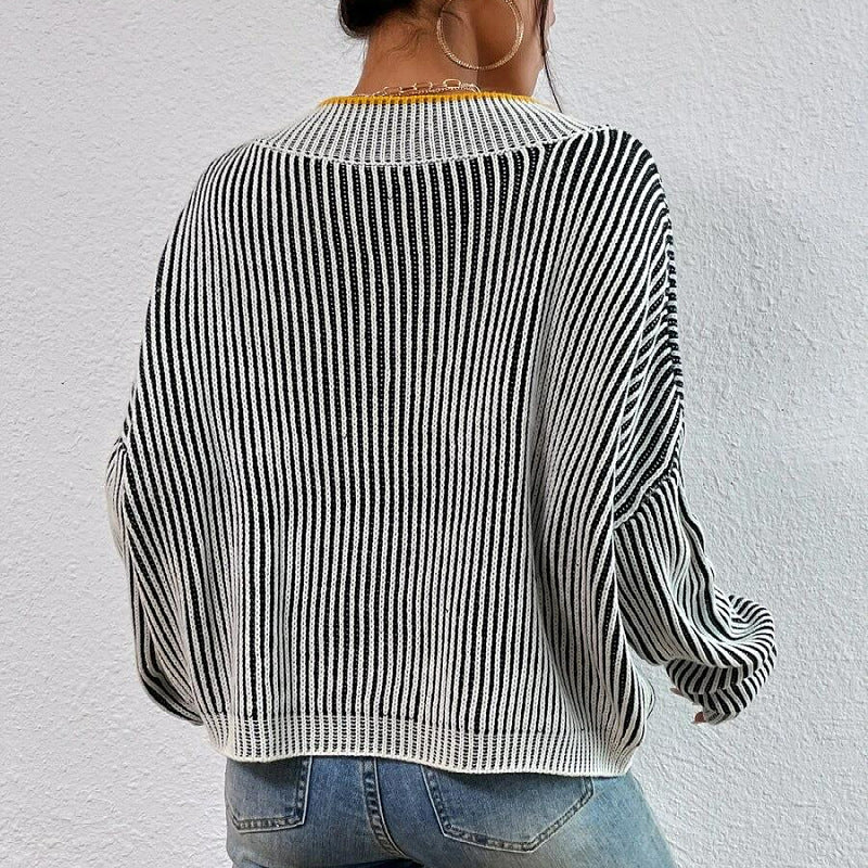 Striped V Neck Patterned Sweater