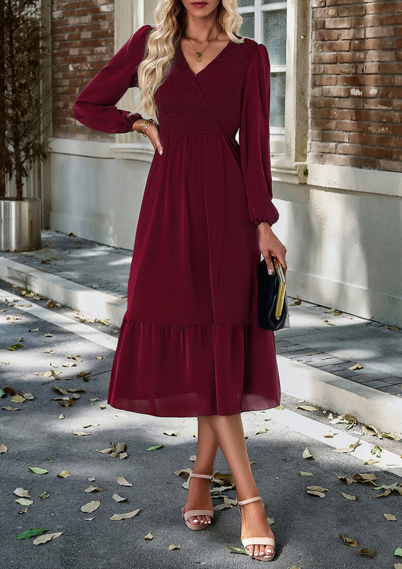 V-Neck Tie-Down Solid Color Dress
