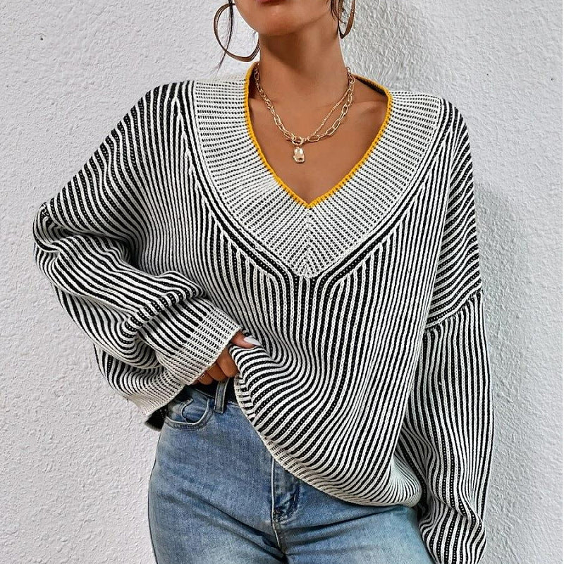 Striped V Neck Patterned Sweater