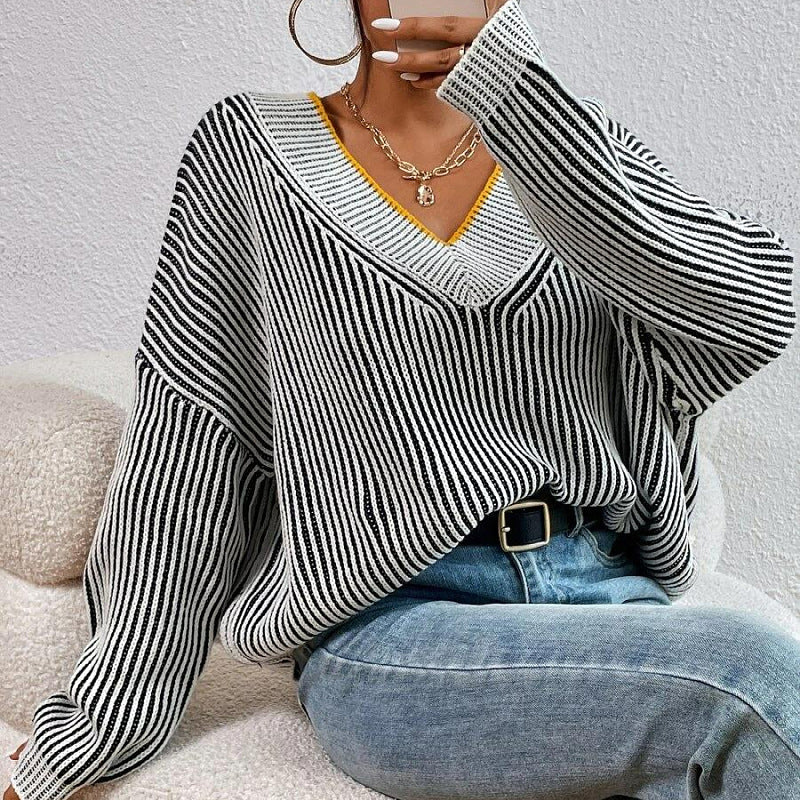 Striped V Neck Patterned Sweater