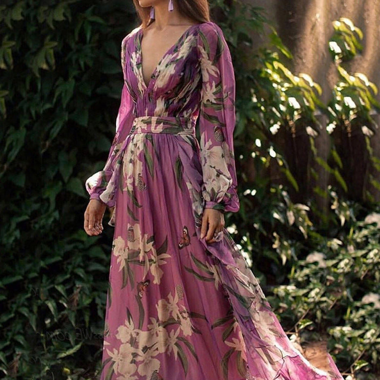 Printed V-neck Long-sleeved Retro Style Maxi Dress