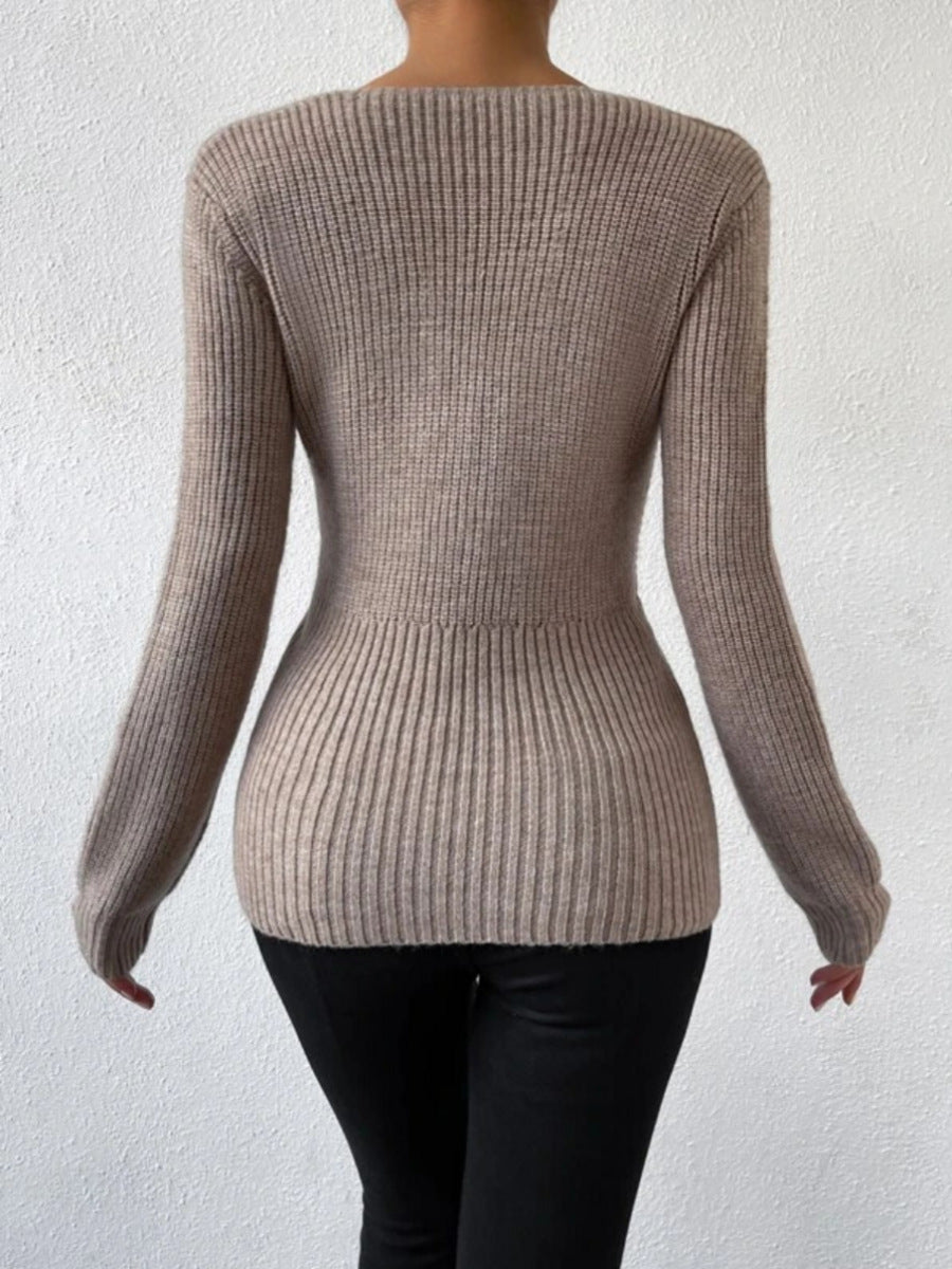 Twisted Long Sleeve V-Neck Knit Sweater