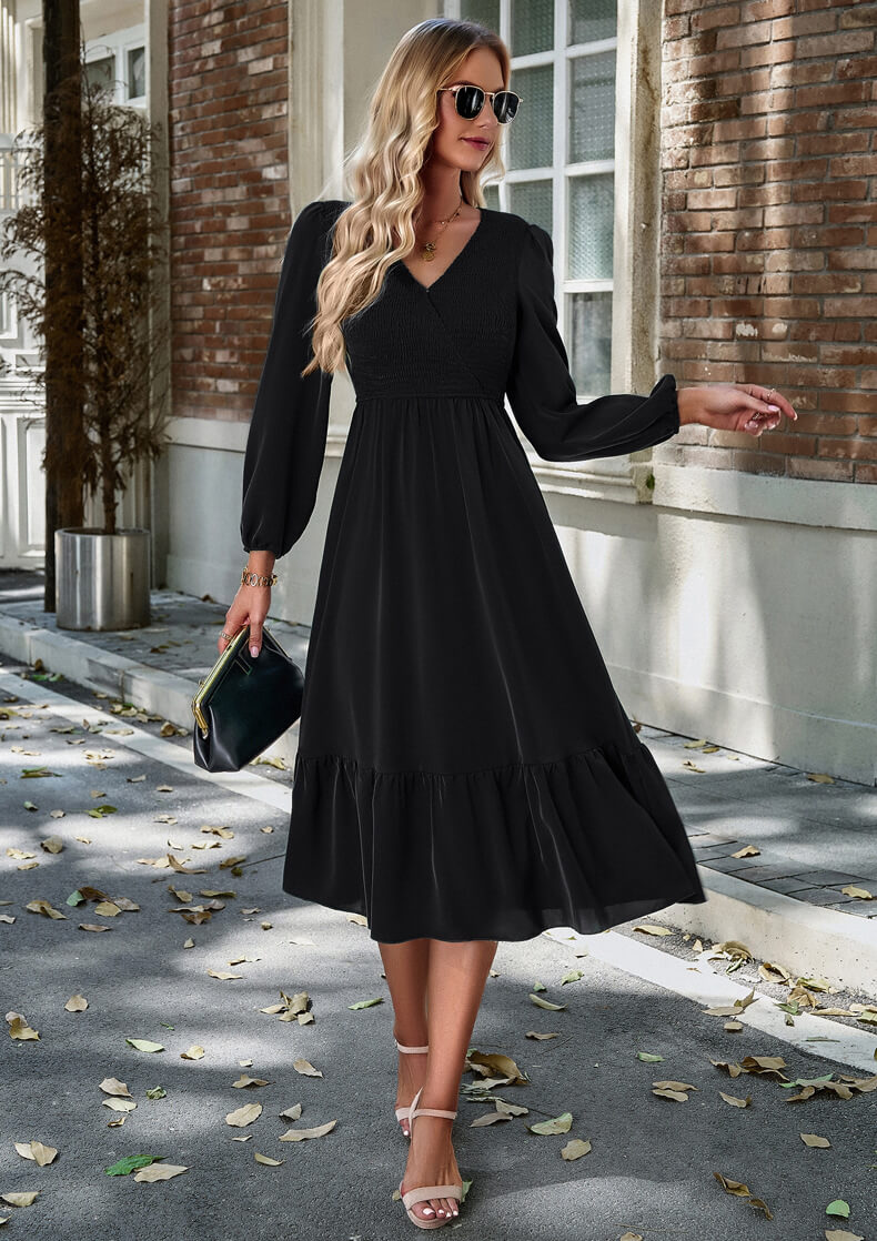V-Neck Tie-Down Solid Color Dress