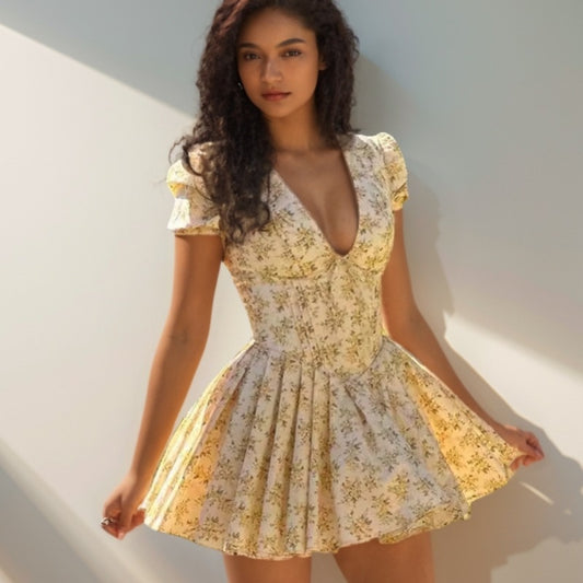 Floral Print V-neck Slim-fit French Retro Short Dress