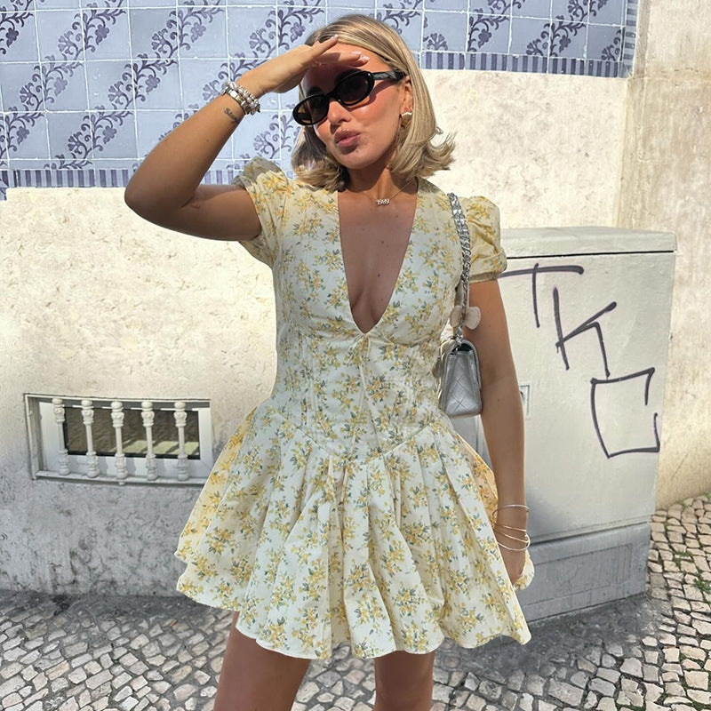 Floral Print V-neck Slim-fit French Retro Short Dress