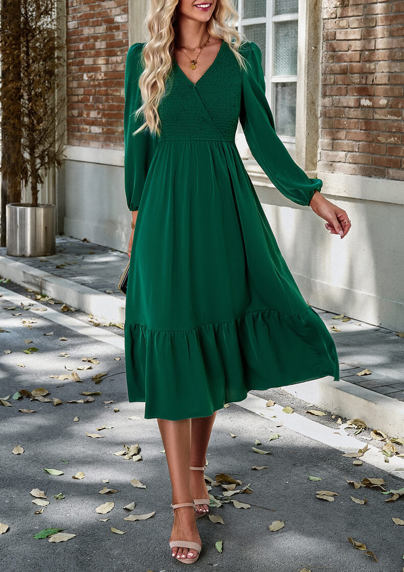 V-Neck Tie-Down Solid Color Dress