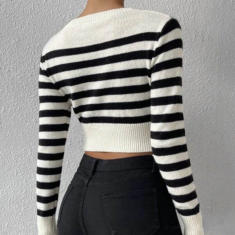 Striped Pattern Ribbed Knit Sweater