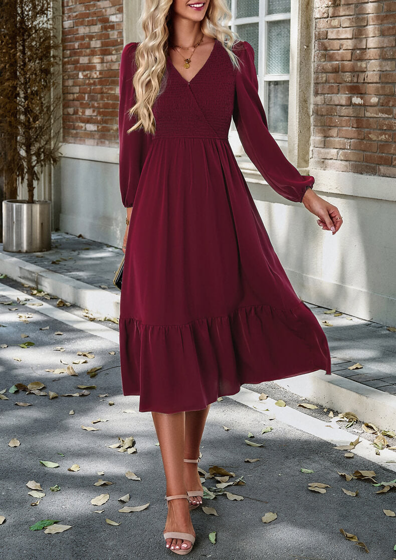 V-Neck Tie-Down Solid Color Dress