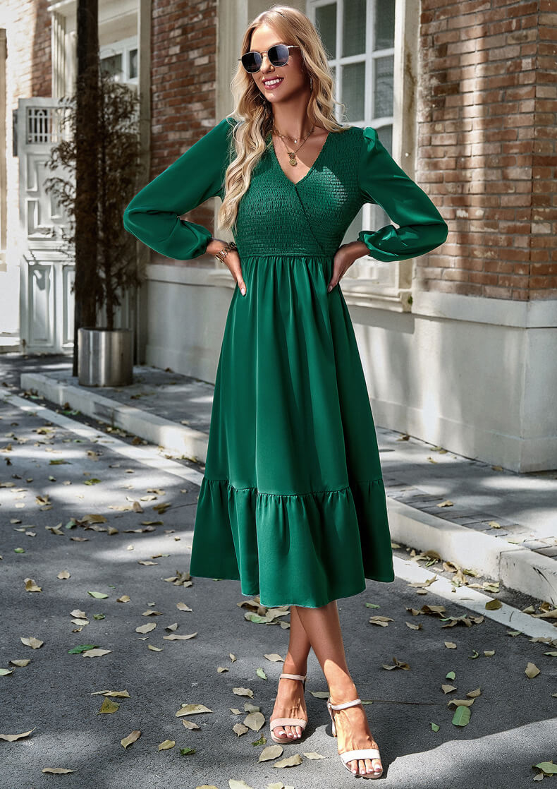 V-Neck Tie-Down Solid Color Dress