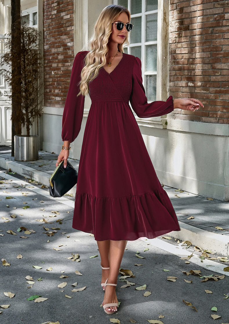 V-Neck Tie-Down Solid Color Dress