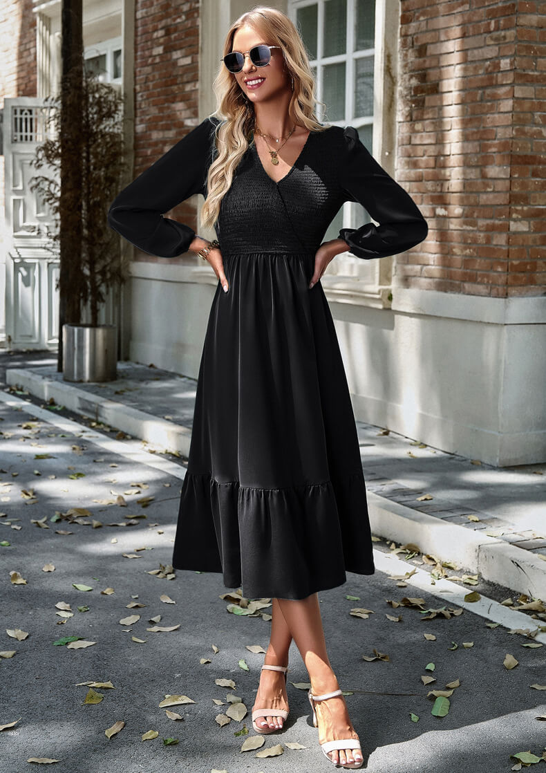 V-Neck Tie-Down Solid Color Dress
