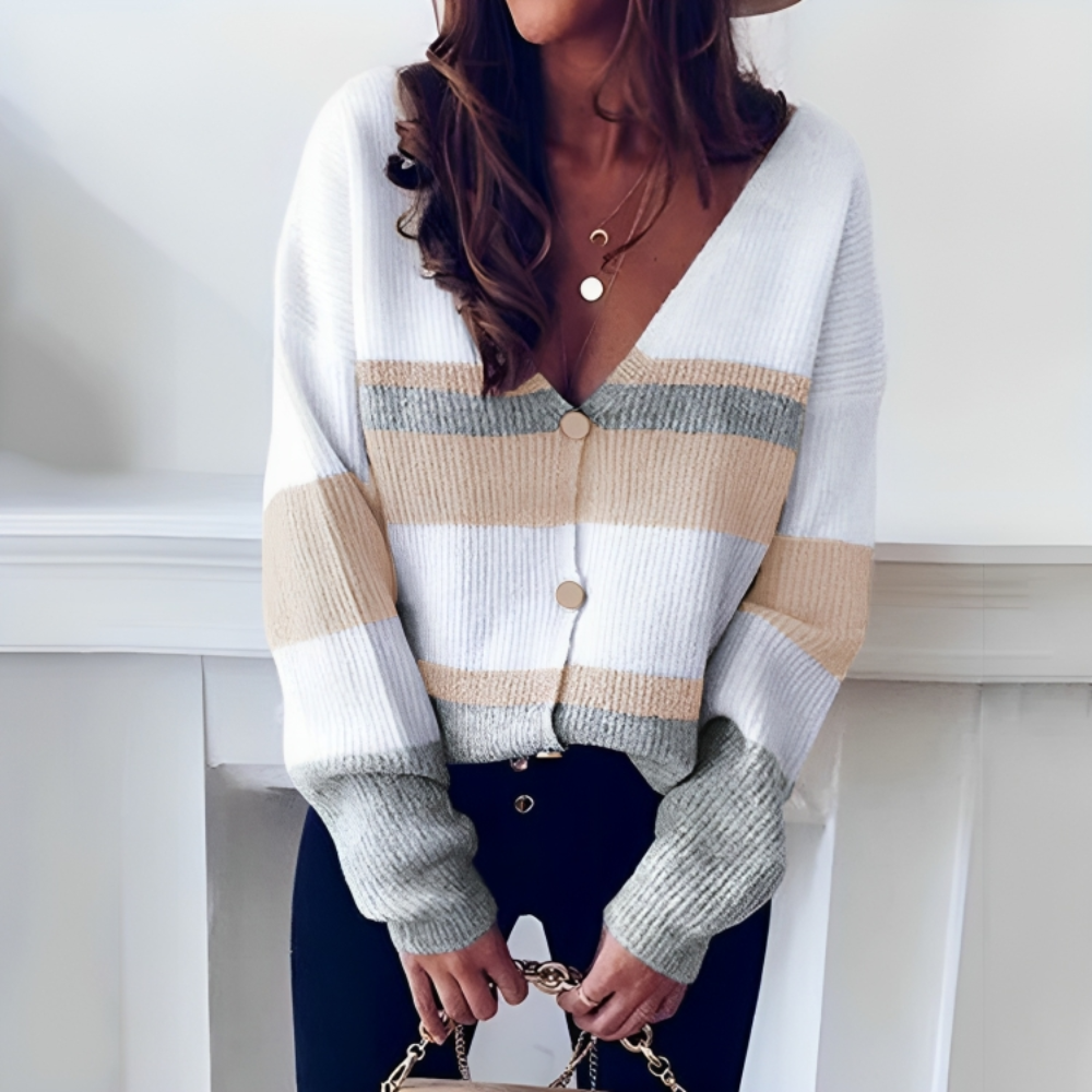 Color Block V-Neck Button Stripe Cardigan