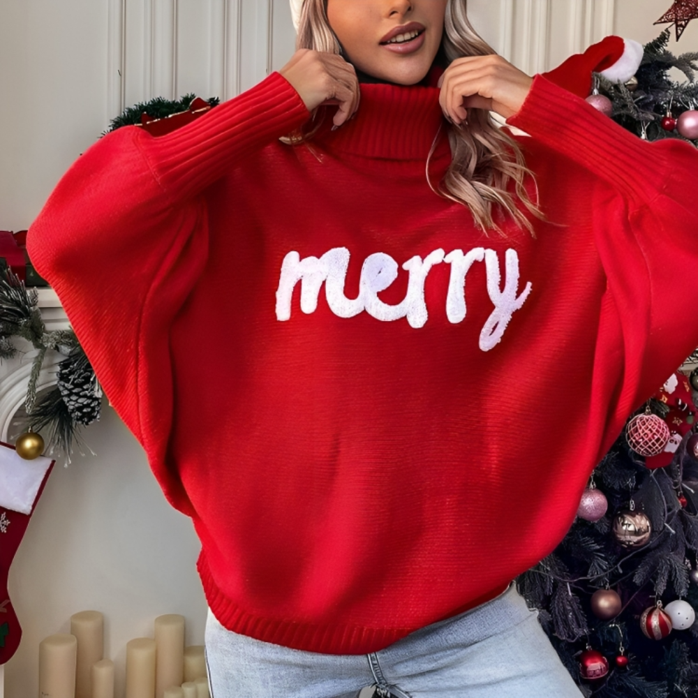 Merry Printed Dolman Sleeve Turtleneck Knitted Sweater