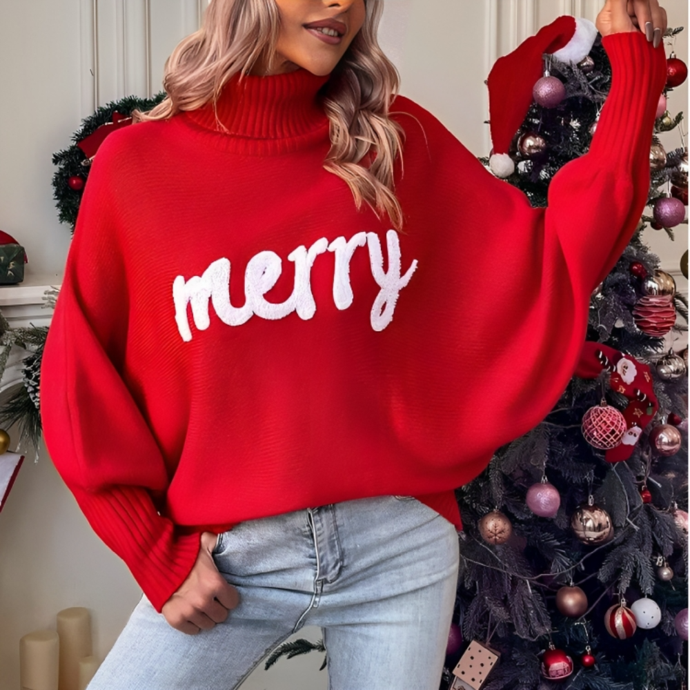 Merry Printed Dolman Sleeve Turtleneck Knitted Sweater