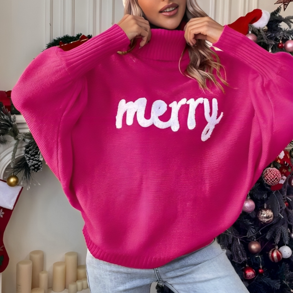 Merry Printed Dolman Sleeve Turtleneck Knitted Sweater