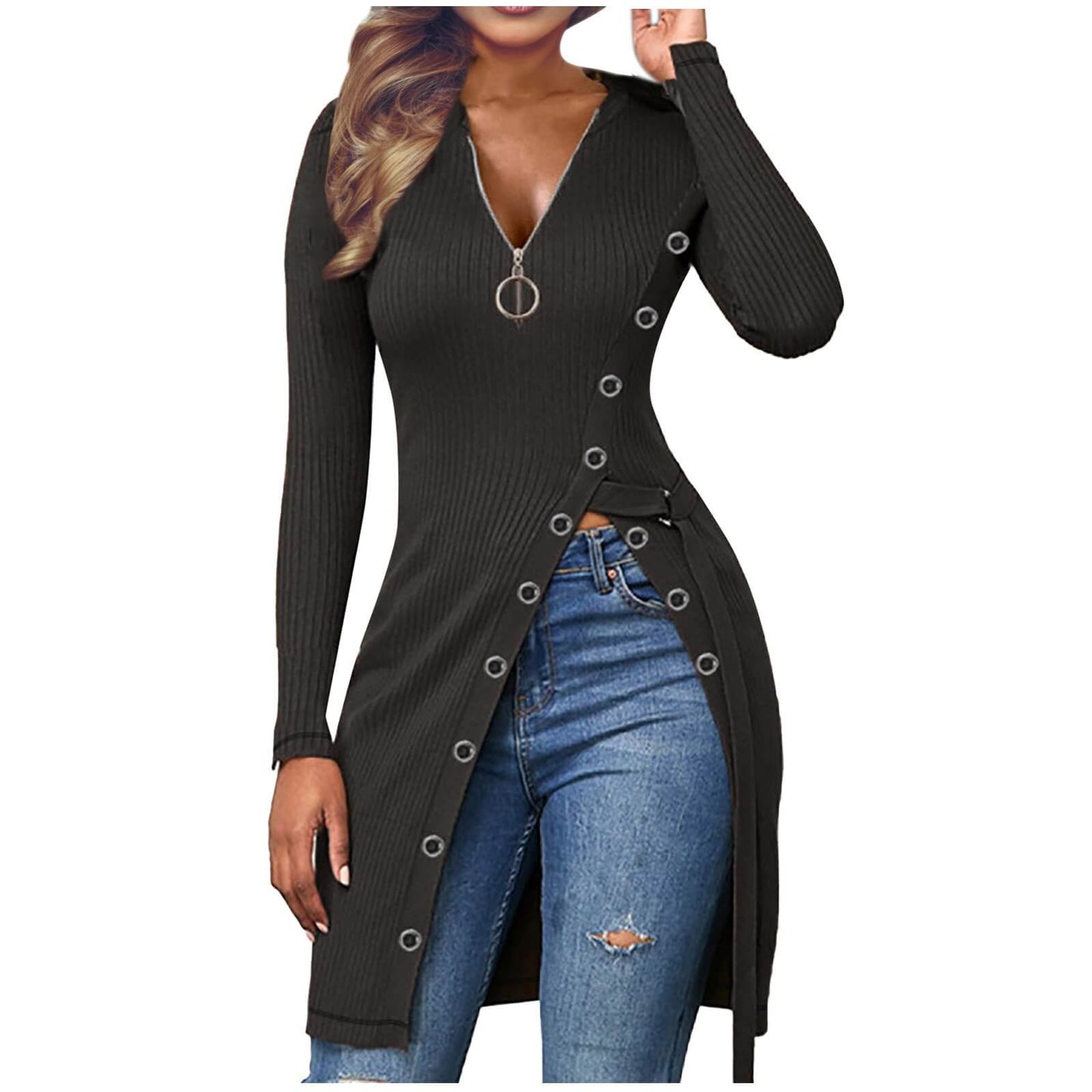Elegant High Slit Slim Zip V-Neck Top
