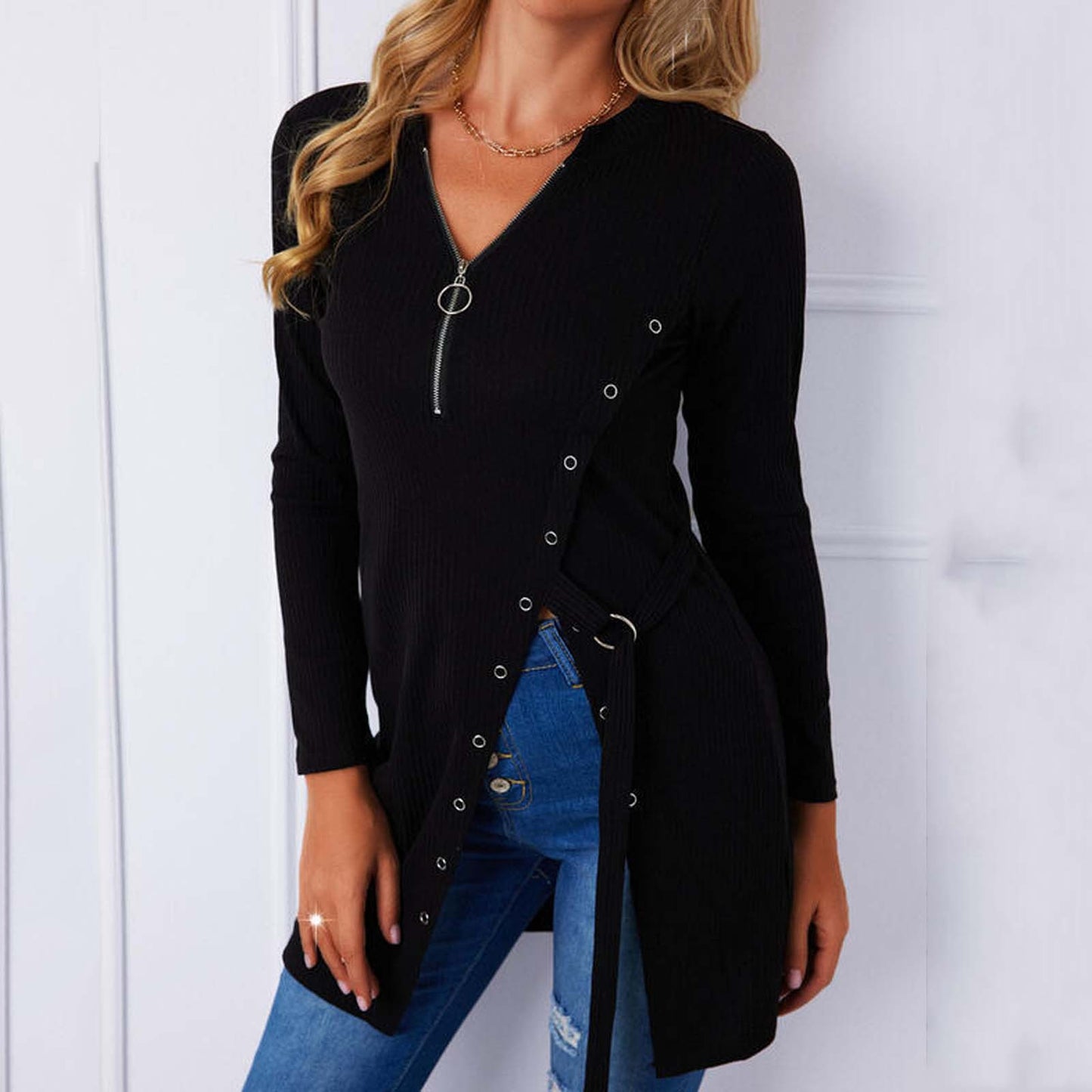 Elegant High Slit Slim Zip V-Neck Top