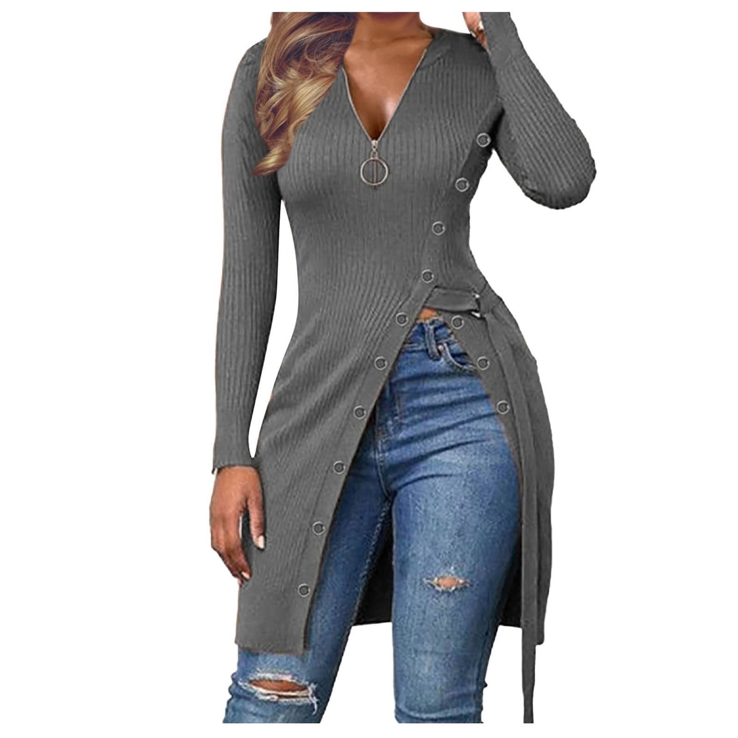 Elegant High Slit Slim Zip V-Neck Top