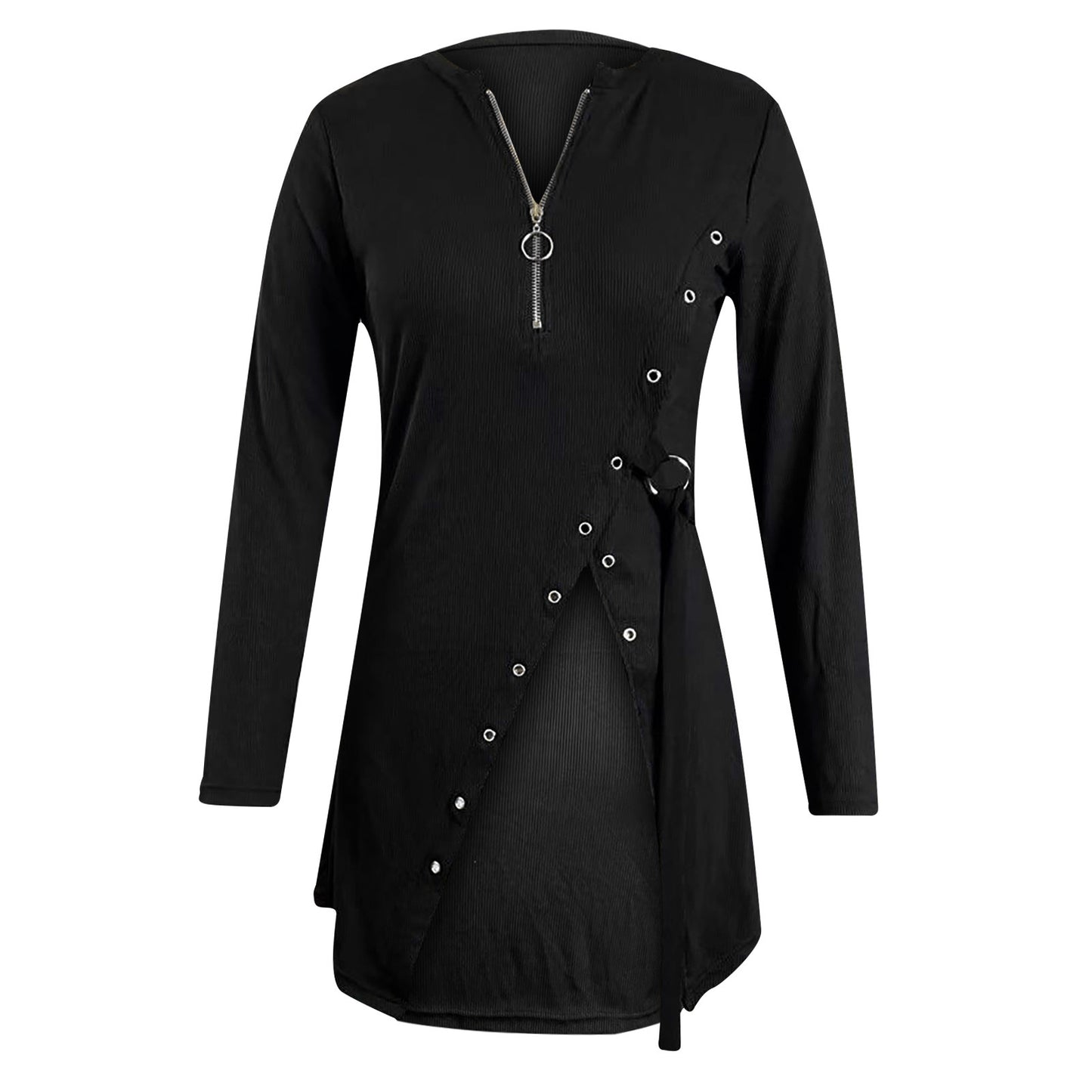 Elegant High Slit Slim Zip V-Neck Top