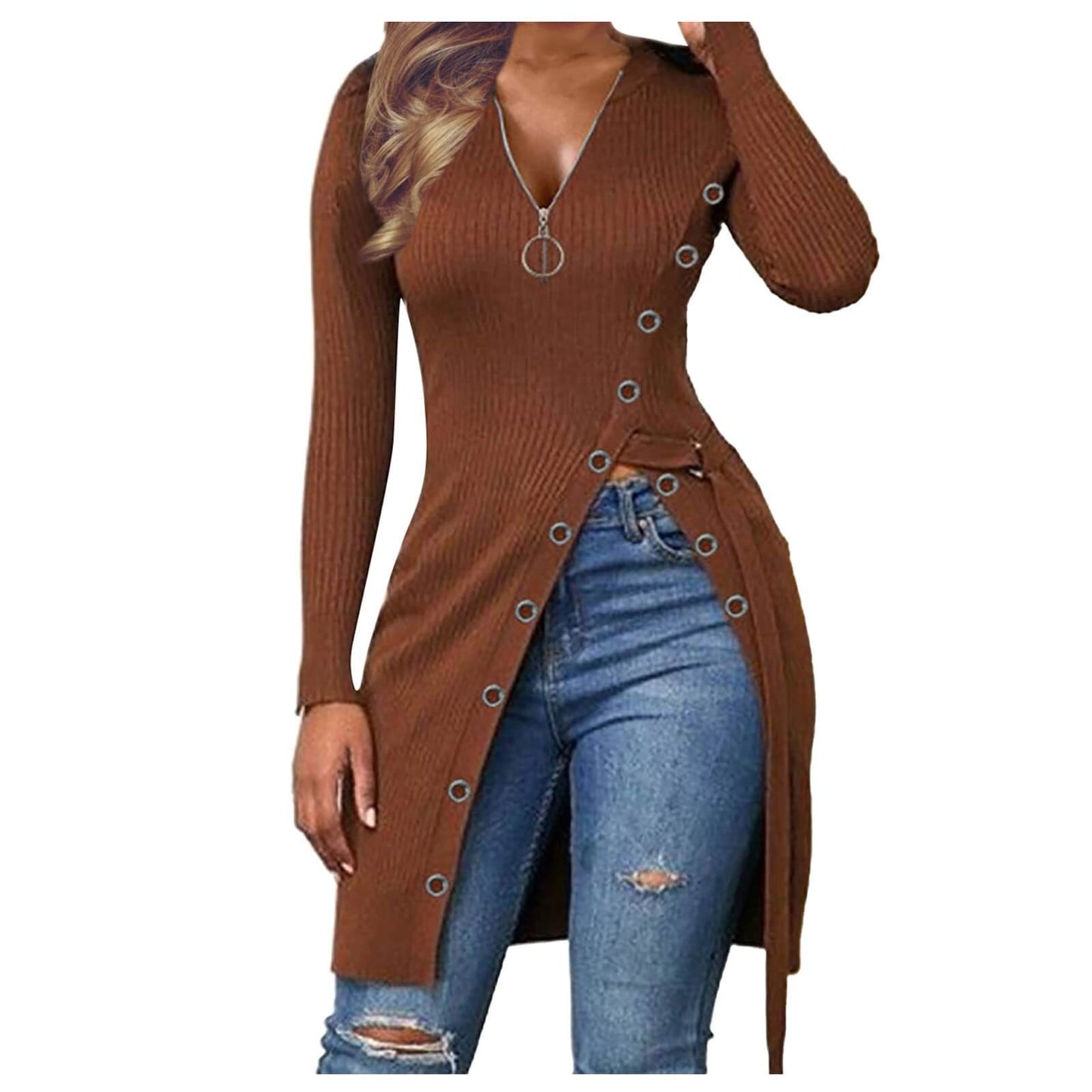 Elegant High Slit Slim Zip V-Neck Top
