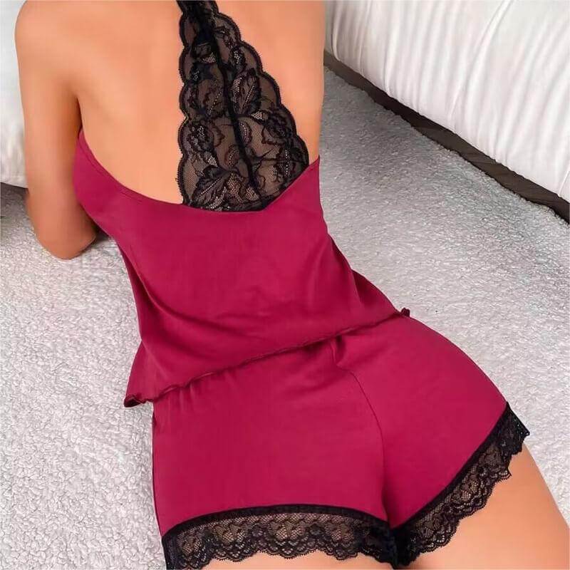Sexy Solid Women's Crochet Lace Pajamas Sleeveless V-Neck Set