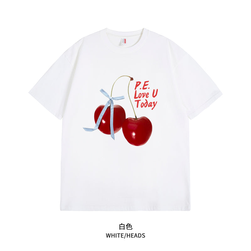 Women's Graphic Tee - Short Sleeve Cherry Bow Letter Print Round Neck T-Shirt - Summer Dopamine Top - Colorful & Playful Style