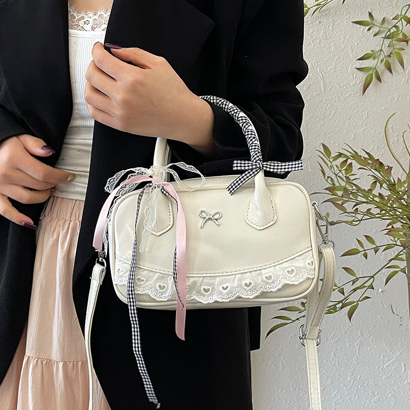 Y2K PU Leather Handbags: Sweet Lace & Bowknot Kawaii Shoulder Bag for Women