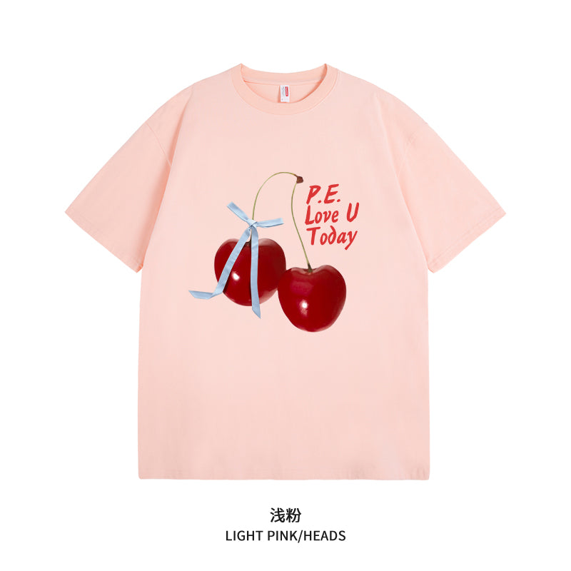 Women's Graphic Tee - Short Sleeve Cherry Bow Letter Print Round Neck T-Shirt - Summer Dopamine Top - Colorful & Playful Style