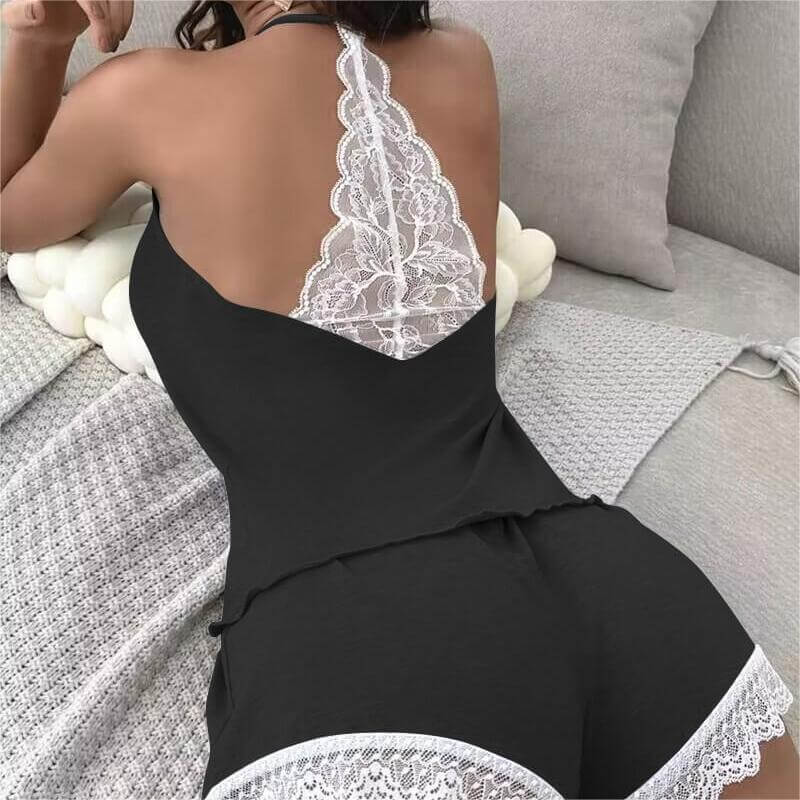 Sexy Solid Women's Crochet Lace Pajamas Sleeveless V-Neck Set