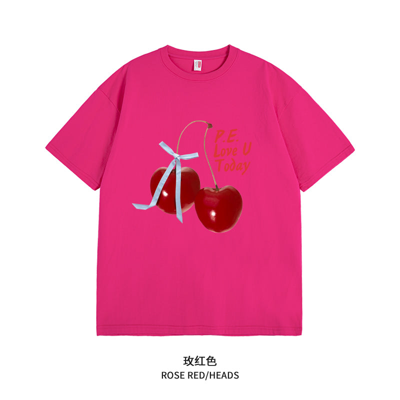 Women's Graphic Tee - Short Sleeve Cherry Bow Letter Print Round Neck T-Shirt - Summer Dopamine Top - Colorful & Playful Style