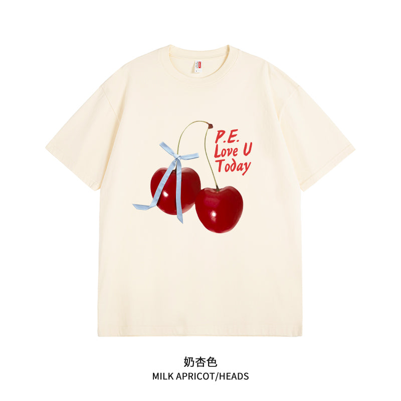 Women's Graphic Tee - Short Sleeve Cherry Bow Letter Print Round Neck T-Shirt - Summer Dopamine Top - Colorful & Playful Style