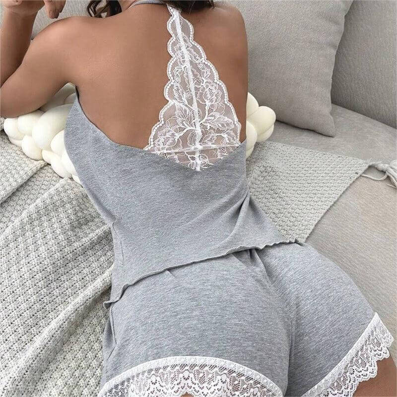 Sexy Solid Women's Crochet Lace Pajamas Sleeveless V-Neck Set