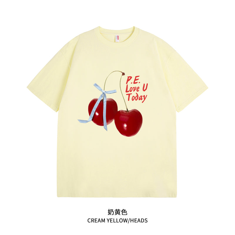 Women's Graphic Tee - Short Sleeve Cherry Bow Letter Print Round Neck T-Shirt - Summer Dopamine Top - Colorful & Playful Style