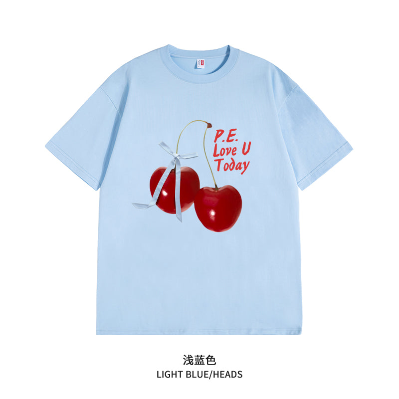 Women's Graphic Tee - Short Sleeve Cherry Bow Letter Print Round Neck T-Shirt - Summer Dopamine Top - Colorful & Playful Style