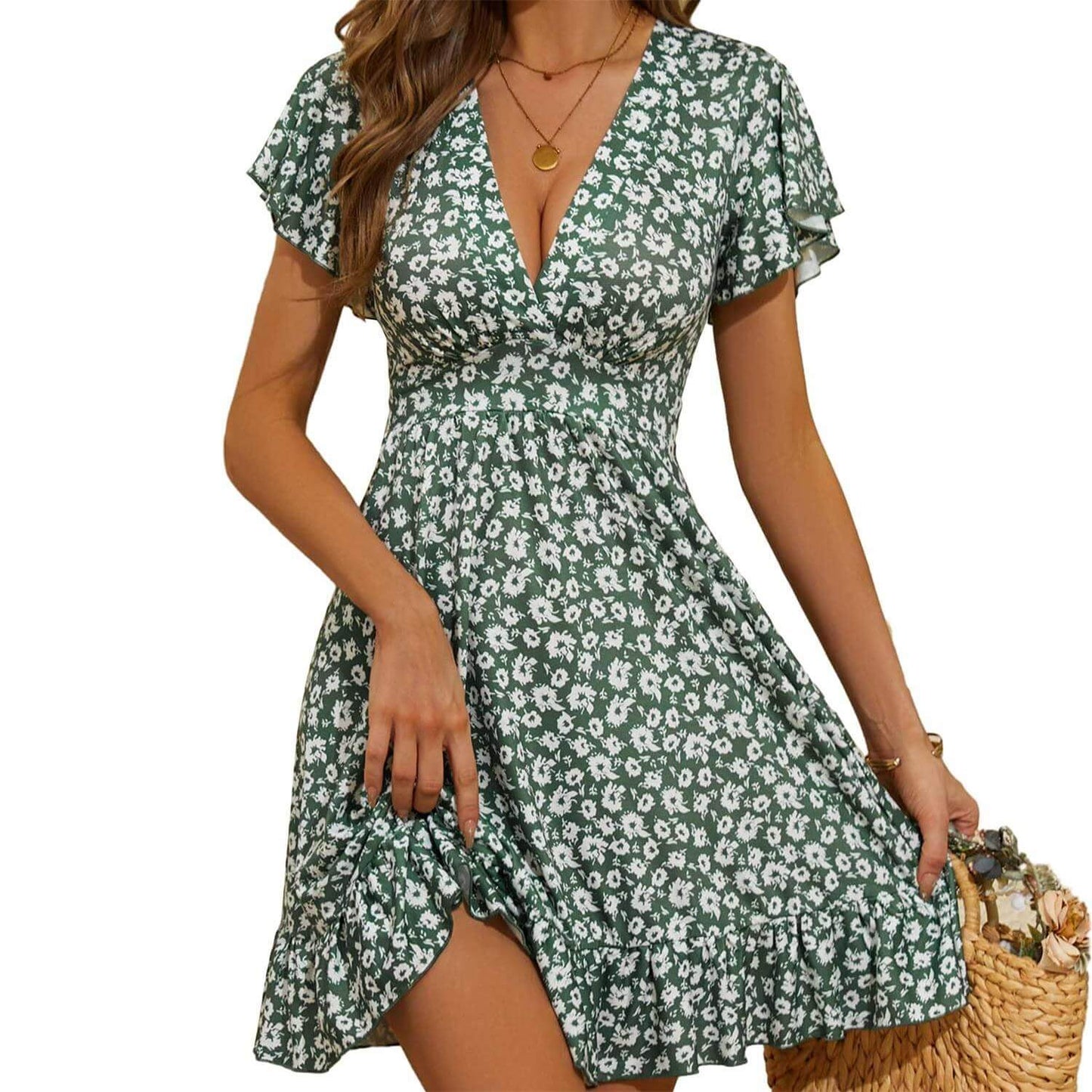 V Neck Floral Ruffle A-Line Sun Dress
