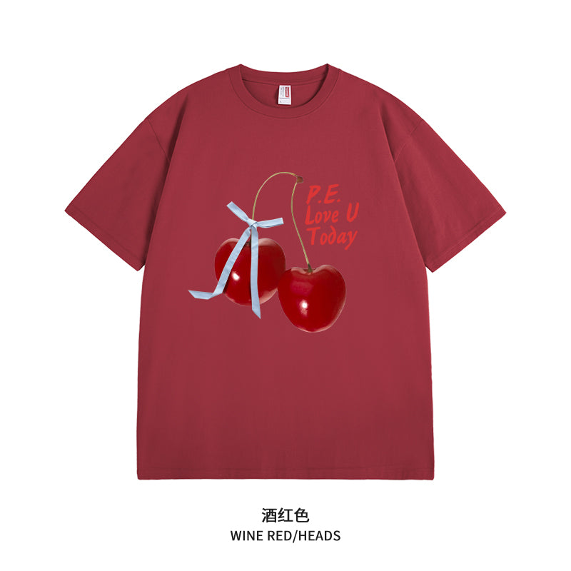 Women's Graphic Tee - Short Sleeve Cherry Bow Letter Print Round Neck T-Shirt - Summer Dopamine Top - Colorful & Playful Style