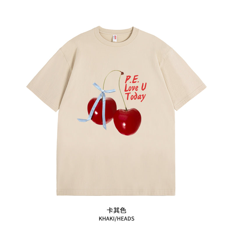Women's Graphic Tee - Short Sleeve Cherry Bow Letter Print Round Neck T-Shirt - Summer Dopamine Top - Colorful & Playful Style