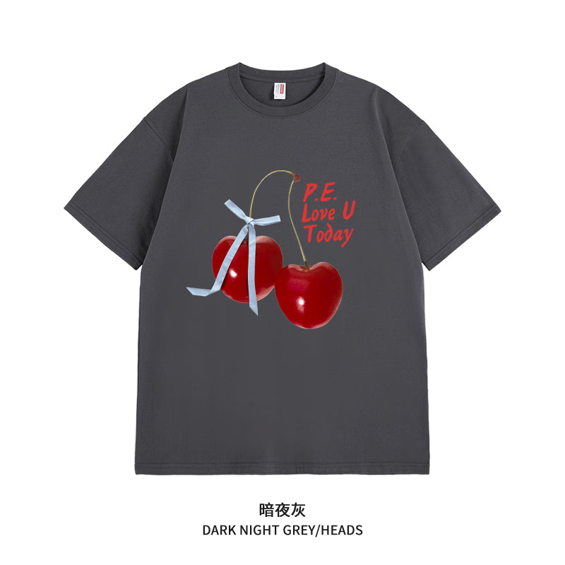 Women's Graphic Tee - Short Sleeve Cherry Bow Letter Print Round Neck T-Shirt - Summer Dopamine Top - Colorful & Playful Style