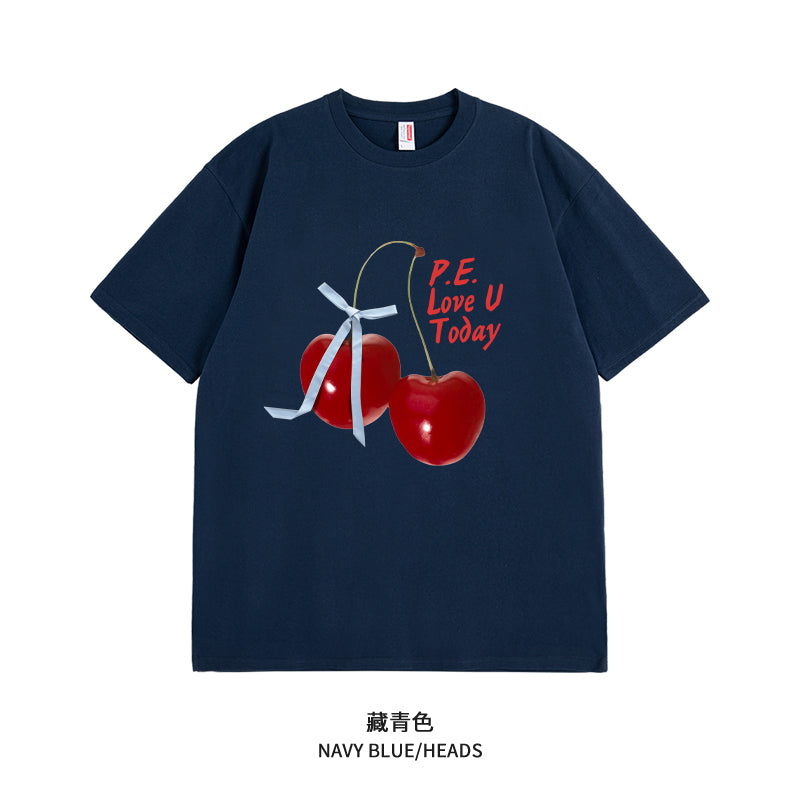 Women's Graphic Tee - Short Sleeve Cherry Bow Letter Print Round Neck T-Shirt - Summer Dopamine Top - Colorful & Playful Style
