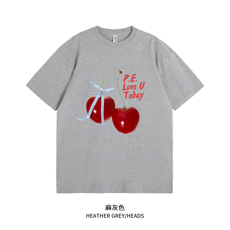 Women's Graphic Tee - Short Sleeve Cherry Bow Letter Print Round Neck T-Shirt - Summer Dopamine Top - Colorful & Playful Style
