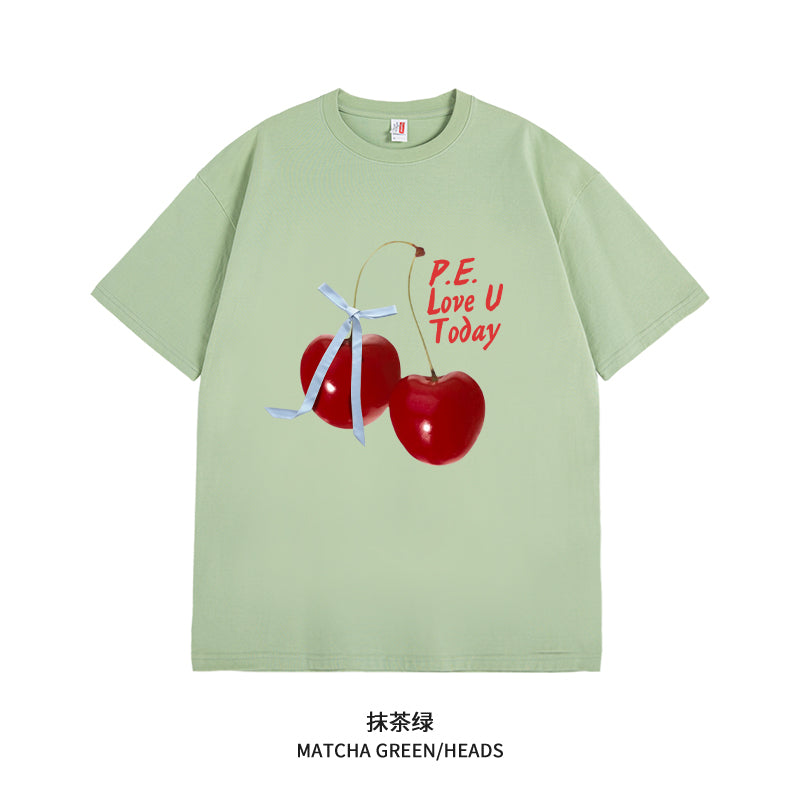 Women's Graphic Tee - Short Sleeve Cherry Bow Letter Print Round Neck T-Shirt - Summer Dopamine Top - Colorful & Playful Style
