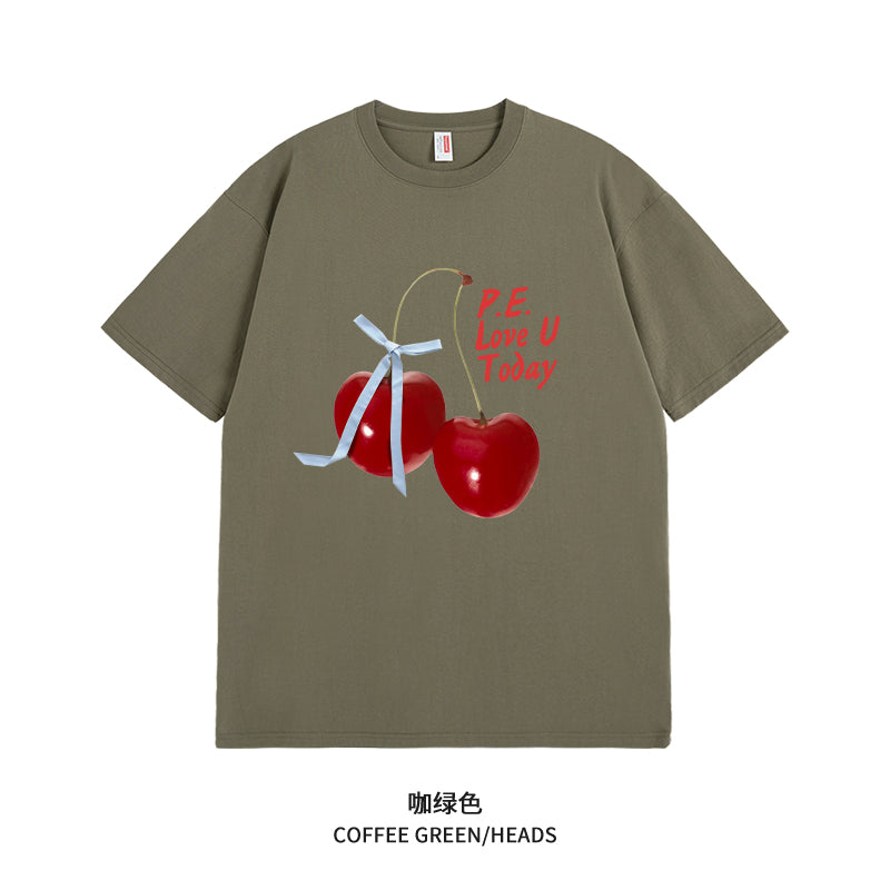 Women's Graphic Tee - Short Sleeve Cherry Bow Letter Print Round Neck T-Shirt - Summer Dopamine Top - Colorful & Playful Style