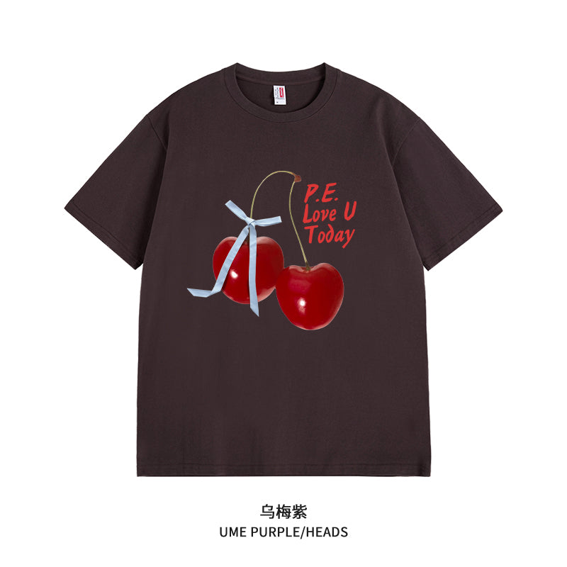 Women's Graphic Tee - Short Sleeve Cherry Bow Letter Print Round Neck T-Shirt - Summer Dopamine Top - Colorful & Playful Style