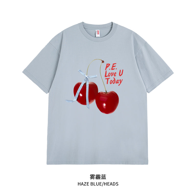 Women's Graphic Tee - Short Sleeve Cherry Bow Letter Print Round Neck T-Shirt - Summer Dopamine Top - Colorful & Playful Style