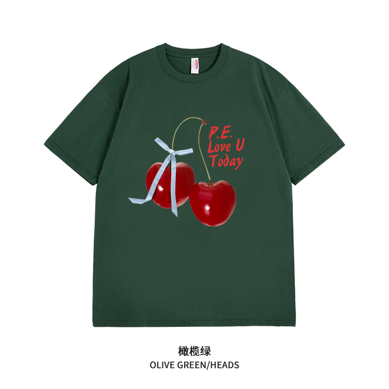 Women's Graphic Tee - Short Sleeve Cherry Bow Letter Print Round Neck T-Shirt - Summer Dopamine Top - Colorful & Playful Style