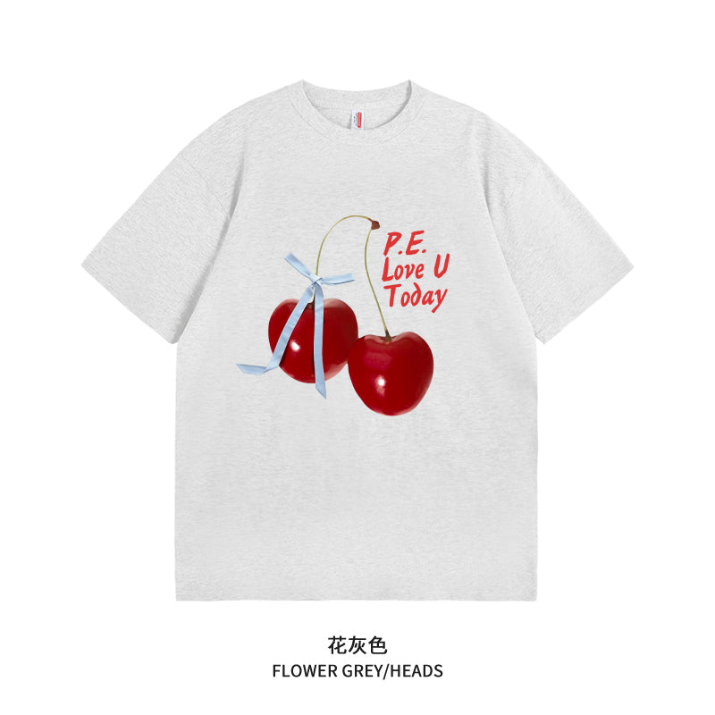 Women's Graphic Tee - Short Sleeve Cherry Bow Letter Print Round Neck T-Shirt - Summer Dopamine Top - Colorful & Playful Style