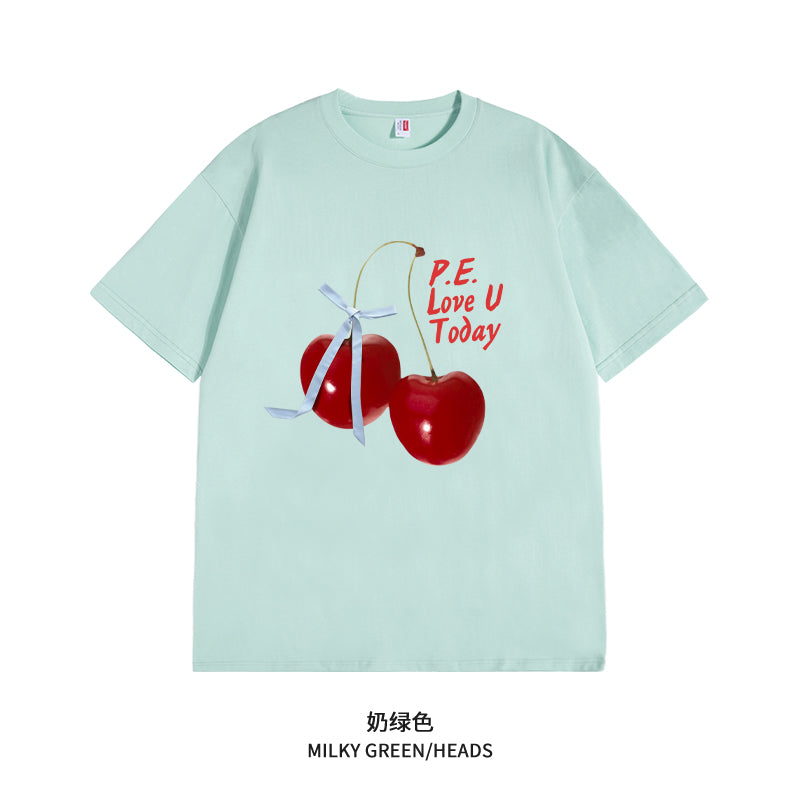 Women's Graphic Tee - Short Sleeve Cherry Bow Letter Print Round Neck T-Shirt - Summer Dopamine Top - Colorful & Playful Style