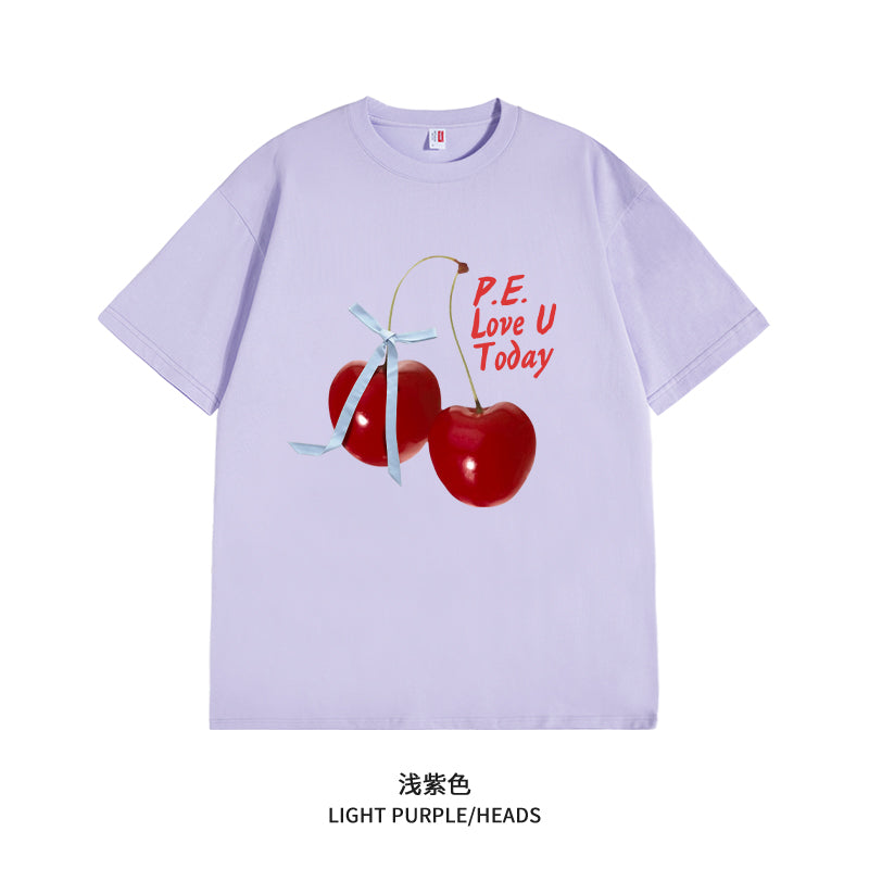 Women's Graphic Tee - Short Sleeve Cherry Bow Letter Print Round Neck T-Shirt - Summer Dopamine Top - Colorful & Playful Style