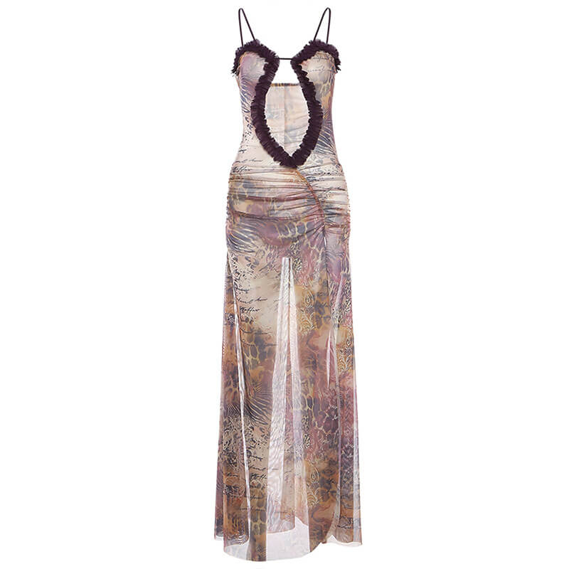 Wooden Ear Printed Halter Dress with Neckline