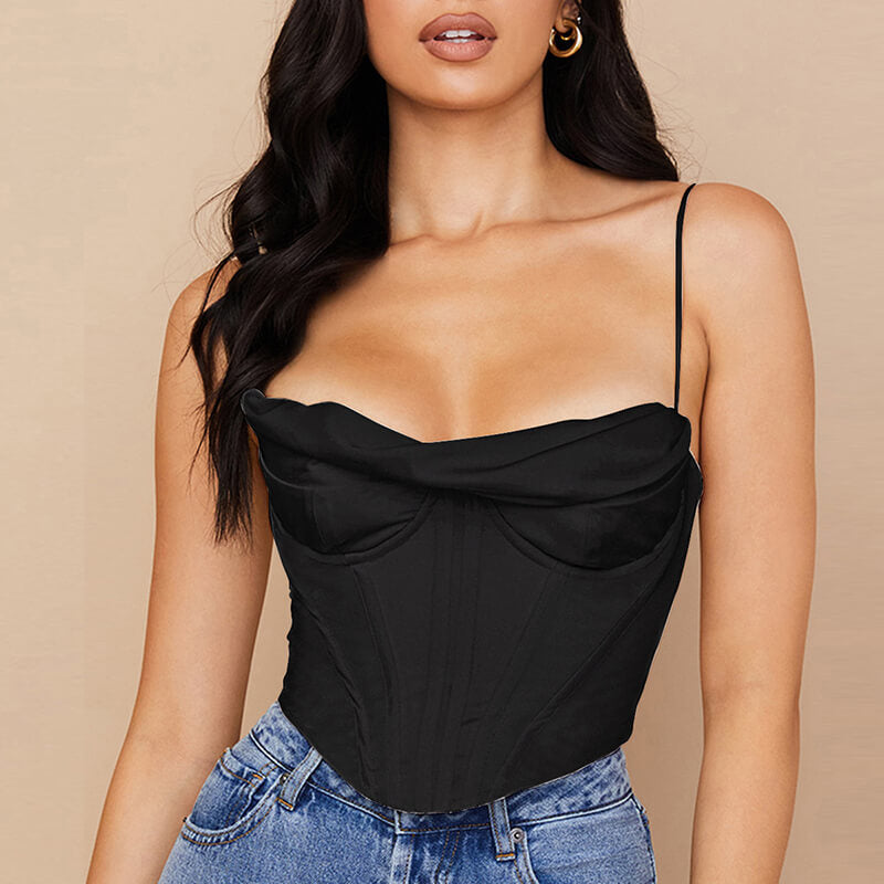 Sexy Stacked Neck Satin Fishbone Chest Pad Tank Top